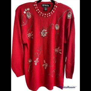 Grandma core Blinged Red Angora Blend Sweater.